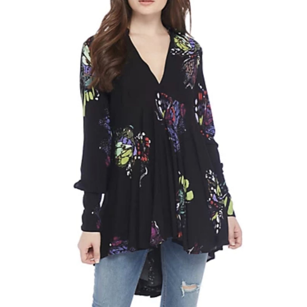 FREE PEOPLE Black Field Of Butterflies Tunic